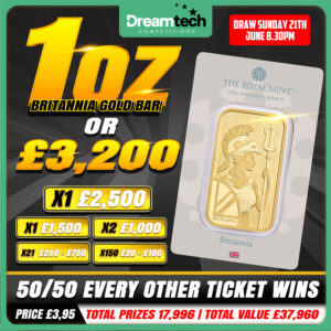 WIN a 1oz Gold Bar or £3,200 Cash | £37,960 in Prizes – 50/50 Every Other Ticket WINS